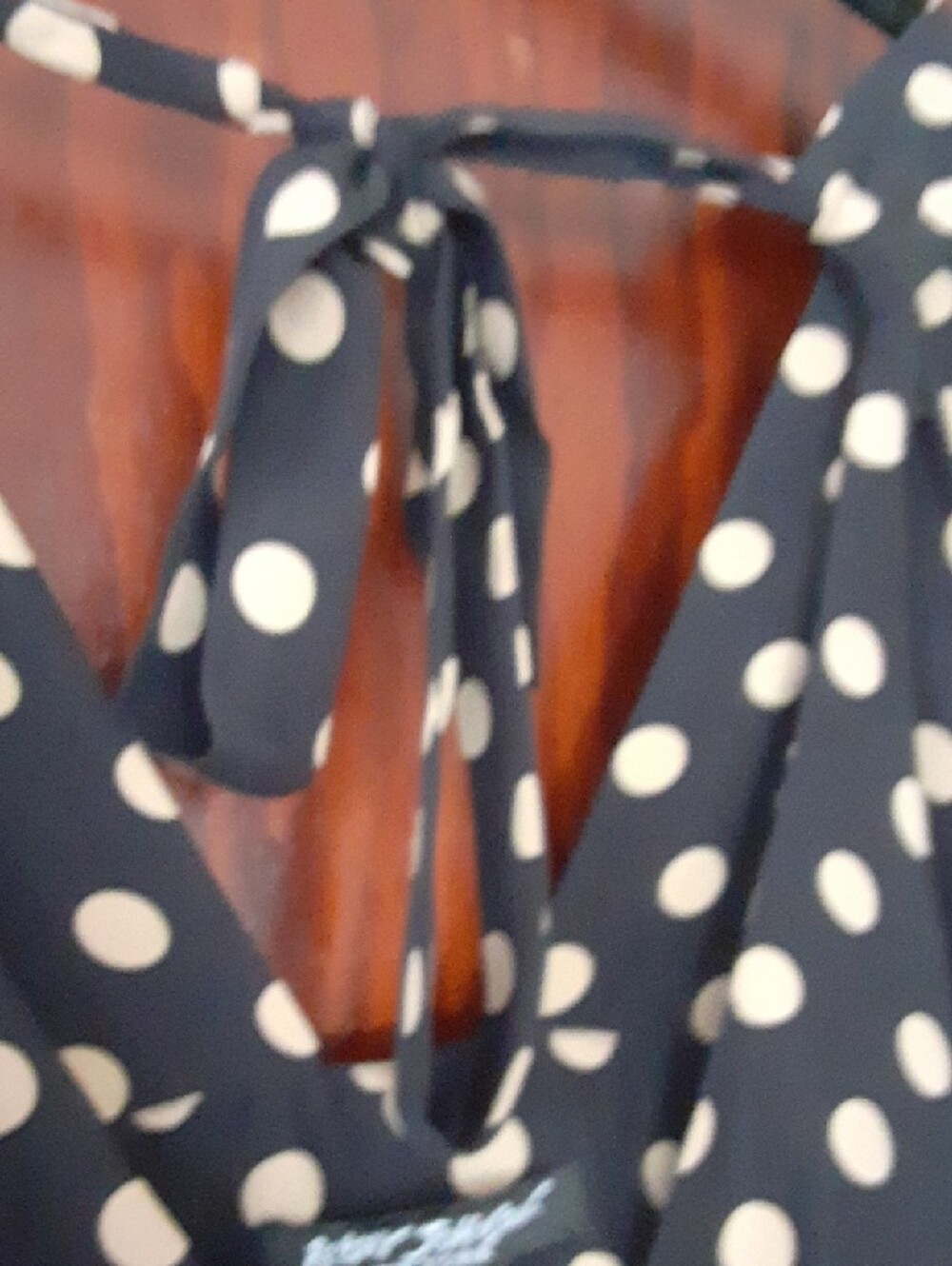 Betsey Johnson Black Slip Maxi Dress with Cream Polka Dots and Tie-Back - Picture 3 of 7